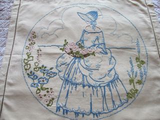 Vintage Hand Embroidered Cushion Cover - CRINOLINE LADY & FLORA 2
