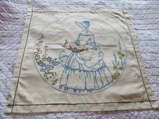 Vintage Hand Embroidered Cushion Cover - CRINOLINE LADY & FLORA 3