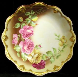 Antique Coiffe Et Cie Limoges France 10 " Ornate Rose Floral Porcelain Bowl