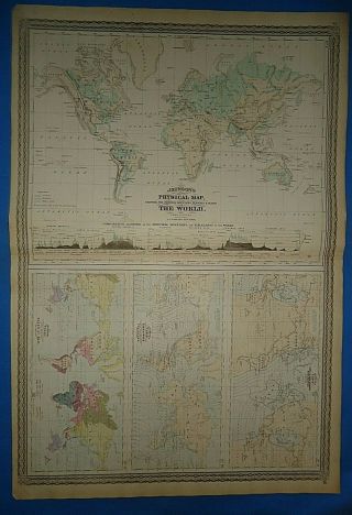 Vintage 1873 Physical Map Of The World Old Antique Atlas Map