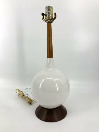 Vintage Mid Century Modern White Metal & Wood Orb Table Lamp