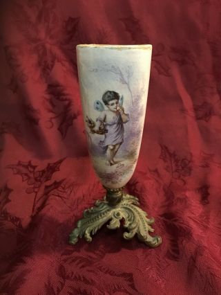 Antique Victorian Porcelain Vase On Gilt Metal Ornate Base Handpainted Fairy