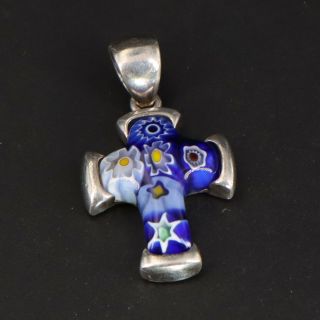 Vtg Sterling Silver - Millefiori Glass Cross Religious Pendant - 4g