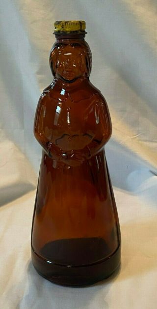 1967 Vintage Mrs Butterworth Brown Amber Glass Figural Bottle Metal 40 Cent Cap