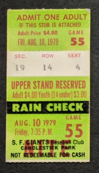 1979 San Francisco Giants Ticket Stub Vs Los Angeles Dodgers 8/10 Sutton Shutout