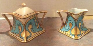 Vintage Art Deco Gold & Aqua Sugar Bowl Creamer With Bird - Austria