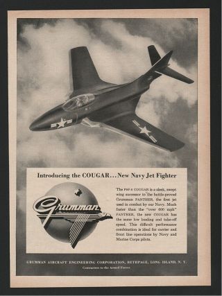1952 Grumman Cougar Us Navy Jet Fighter In Flight Great Illustrated Art Ad