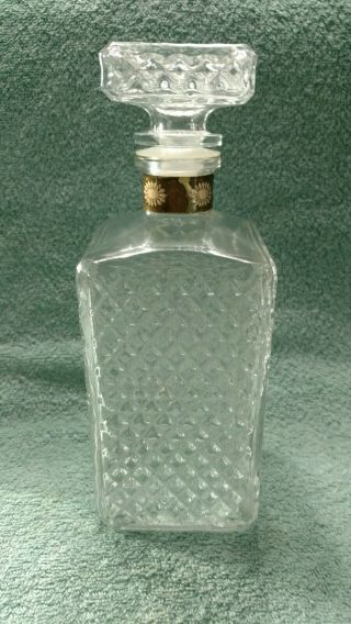 Vintage Square Clear Glass Decanter W/ Stopper Diamond Design Italy Liquor