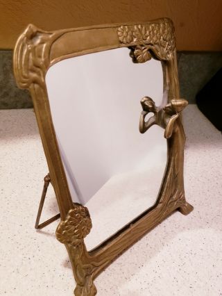 Art Deco Nouveau Brass Old Frame Mirror Stand W/ Lady Looking 12 " X9 " Vintage