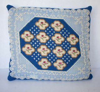 Vintage Handmade Needlepoint Pillow Blue Floral 11 " X 12 "