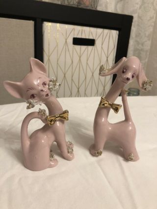 Vintage Pink Poodle Dog & Cat Figurine Japan Gold Bows Ceramic / Antique