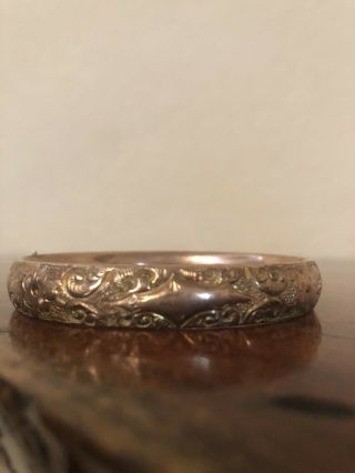 Antique Victorian Repousse High Relief Gold Filled Hinged Bangle Bracelet