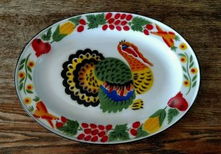 Vintage Vibrant Tin Enamelware Tom Turkey Vegetable Large Oval Serving Platter