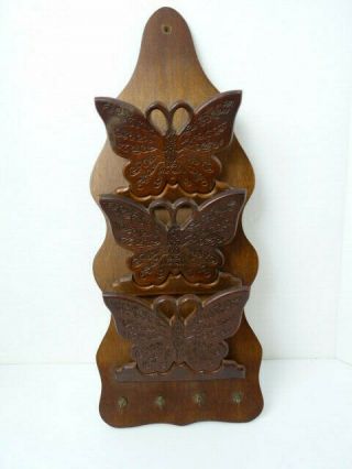 Vintage Three Butterfly Carved Wood Hanging Letter Key Holder Wall Decor Shelf