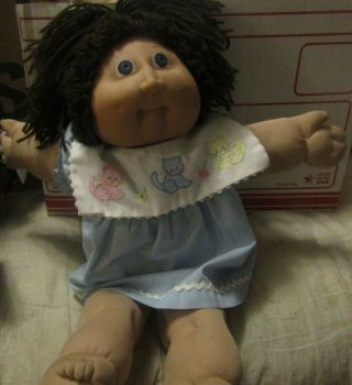 Cabbage Patch Doll 1982 Dark Brown Hair Blue Dress With Kitties On It