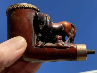 Antique Carved Smoking Pipe W/gold Collar,  Gorgeous Carved Jumping Horse