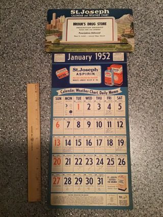 Vintage Antique Advertising Calendar 1952 Drug Store Joseph Aspirin Brouk’s