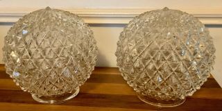 2 Vintage Crystal Clear Diamond Cut Glass Ball Hanging Light Fixture Shade Globe