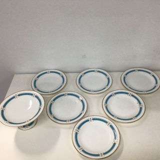 6x Vtg Porcelain Lunch Plates & Matching Cake Stand Blue Gold Unbranded 109