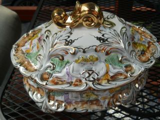 Antique Ornate Soup Tureen / Porcelain With Gold Paint / Portugal / Elpa