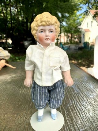 Antique 8.  5 " All Bisque Jointed Boy Doll German Re - Dressed In Clothing.