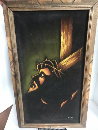Vintage Jesus Crown Of Thorns Black Velvet Oil Painting Wood Frame Mexico 1970 