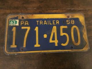 Vintage 1958 Pennsylvania Pa License Plate Trailer.  1963 Sticker.  171 - 450