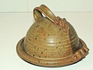 Vintage Handmade Pottery Stoneware Butter Dish w/ Dome,  Turned Handle,  Rustic 2