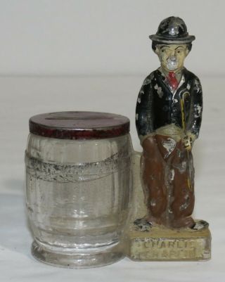 Antique Glass Charlie Chaplin Figural Candy Container Bank,  Top