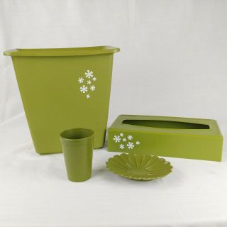 Vtg Avocado Green Wastebasket Tissue Cover Tumbler Soap Dish Bathroom Plastic