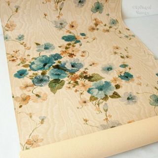 French Vintage 1940s/50s Roll Of Blue Floral & Peach Silk Moire Effect Wallpaper