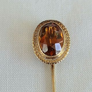 Antique 10k Solid Yellow Gold Citrine Stick Pin With Fancy Engraved Frame