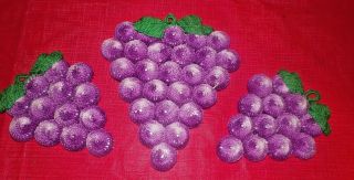 3 Vintage Crocheted Purple Grapes W/ Green Leaves Bottle Cap Hot Pad Trivets