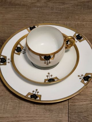 Antique J&c Bavaria Porcelain 3pc.  Cup Saucer Dessert Black Cat Design