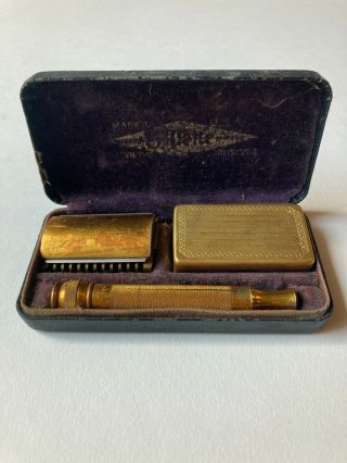 Vintage Gillette 1920 Gold Tone Men’s Safety Razor Set,  Blade Box,  Case