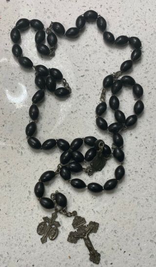 Antique Vintage 30 " Black Wood Beads Nun Rosary Italy Religious Cross Estate Htf