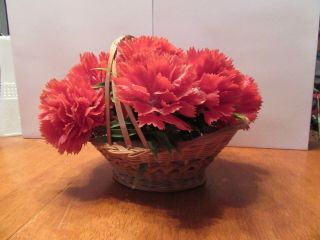 Vintage Artificial Plastic 10 Red Carnation Floral Flower Basket Arrangement 70s