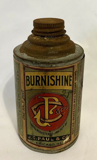 Vintage Antique 1891 Burnishine Metal Polish Advertising Cone Top Can Tin
