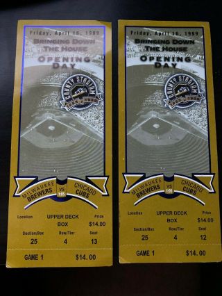 Mlb: County Stadium Opening Day Tickets (2) 1999 Milwaukee Brewers Chicago Cubs