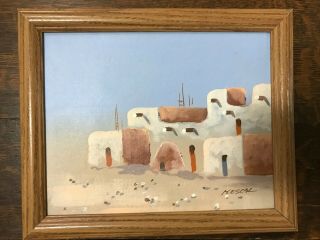 Vintage Oil Painting Of Native American Pueblo Signed Mescal Southwestern