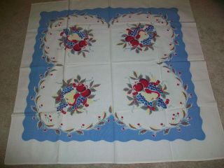 Vintage Cloth Table Cloth Topper Fruit Grapes Pears Apples Cherries Exc 36 X 36
