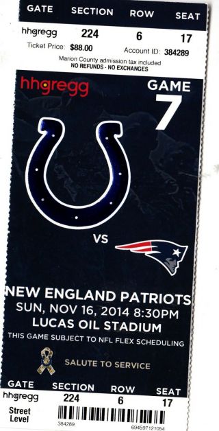 2014 Indianapolis Colts Vs England Patriots Ticket Stub 11/16 Brady Vs Luck
