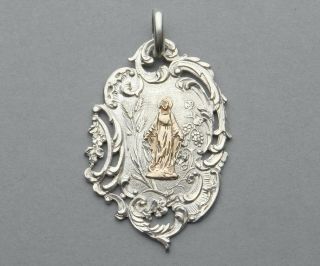 Antique Religious Large Silver Pendant.  Saint Virgin Mary.  Miraculous Medal.