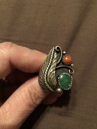 Native American Indian Sterling Silver Ring Coral And Green Stone Vintage Large