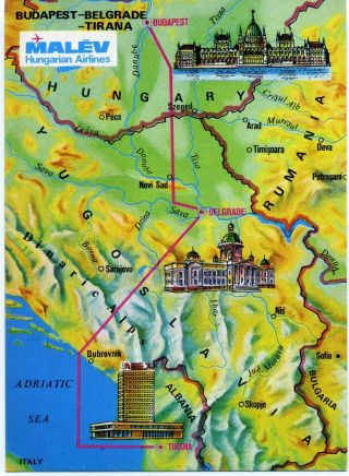 1960s Malev Hungarian Airlines Map Routes Yugoslavia Albania Hungary Postcard