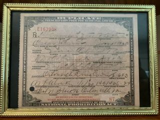 1930 Framed Antique Alcohol Prohibition Prescription Certificate