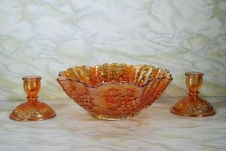 Antique Imperial Marigold Carnival Glass Console Set Circa Early 1900
