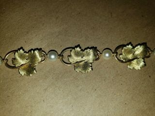 Vintage Krementz Gold Overlay Link Bracelet Leaf Retro Design Pearl 7 "