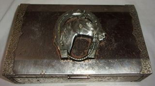 Estate Rare Vintage Silver Color Metal Horseshoe W/ Horse Jewelry Trinket Box &