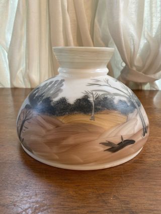 Antique 10” Hand Painted Parlor Glass Oil Lamp Shade Landscape
